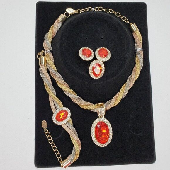 Statement Necklace Earrings Bracelet Ring Set Faux Rhinestones Red Goldtone - Picture 1 of 3